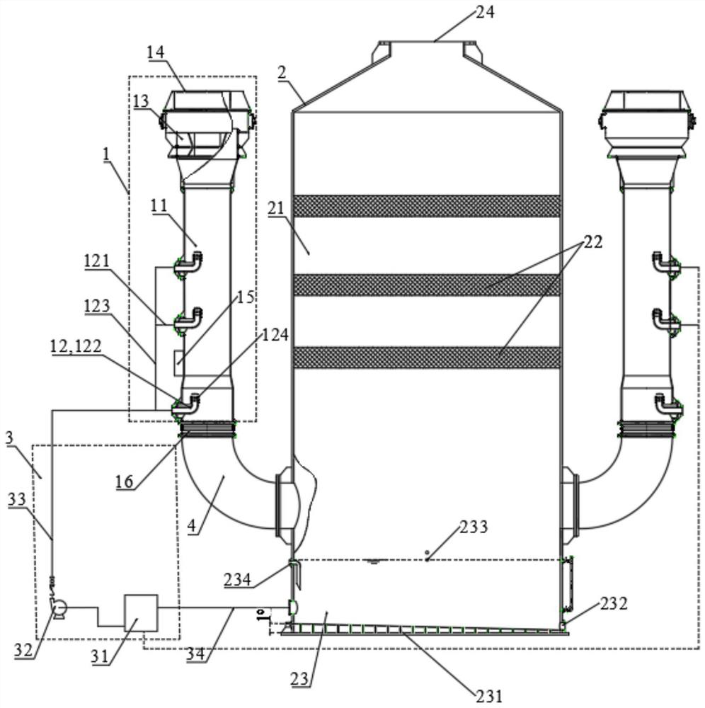 Reverse spraying standing wave dedusting and cooling tower