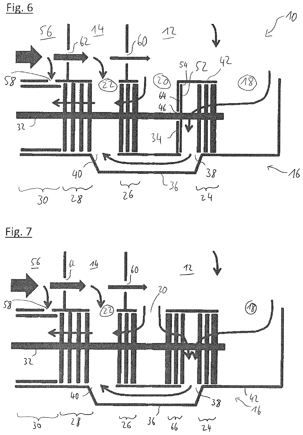 Vacuum system with a multi-stage and multi-inlet vacuum pump with a directional element separating pump stages