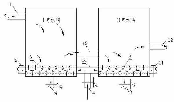 Split precipitation type hanging scaffold water tank for automatic pollution discharge of vertical shaft