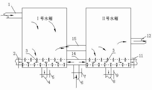 Split precipitation type hanging scaffold water tank for automatic pollution discharge of vertical shaft