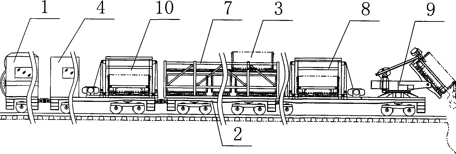 Railway bed laying emergency stone self-discharging train