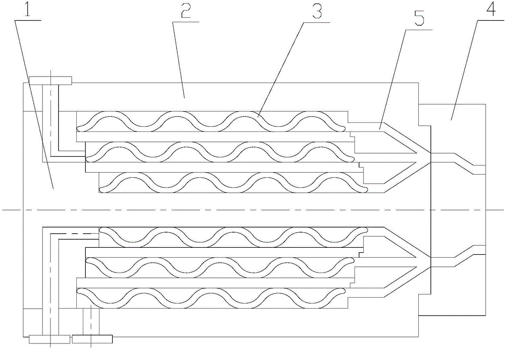 Flow equalizing method and device for rotor driven by melt extrusion pressure and provided with internal and external screw flights