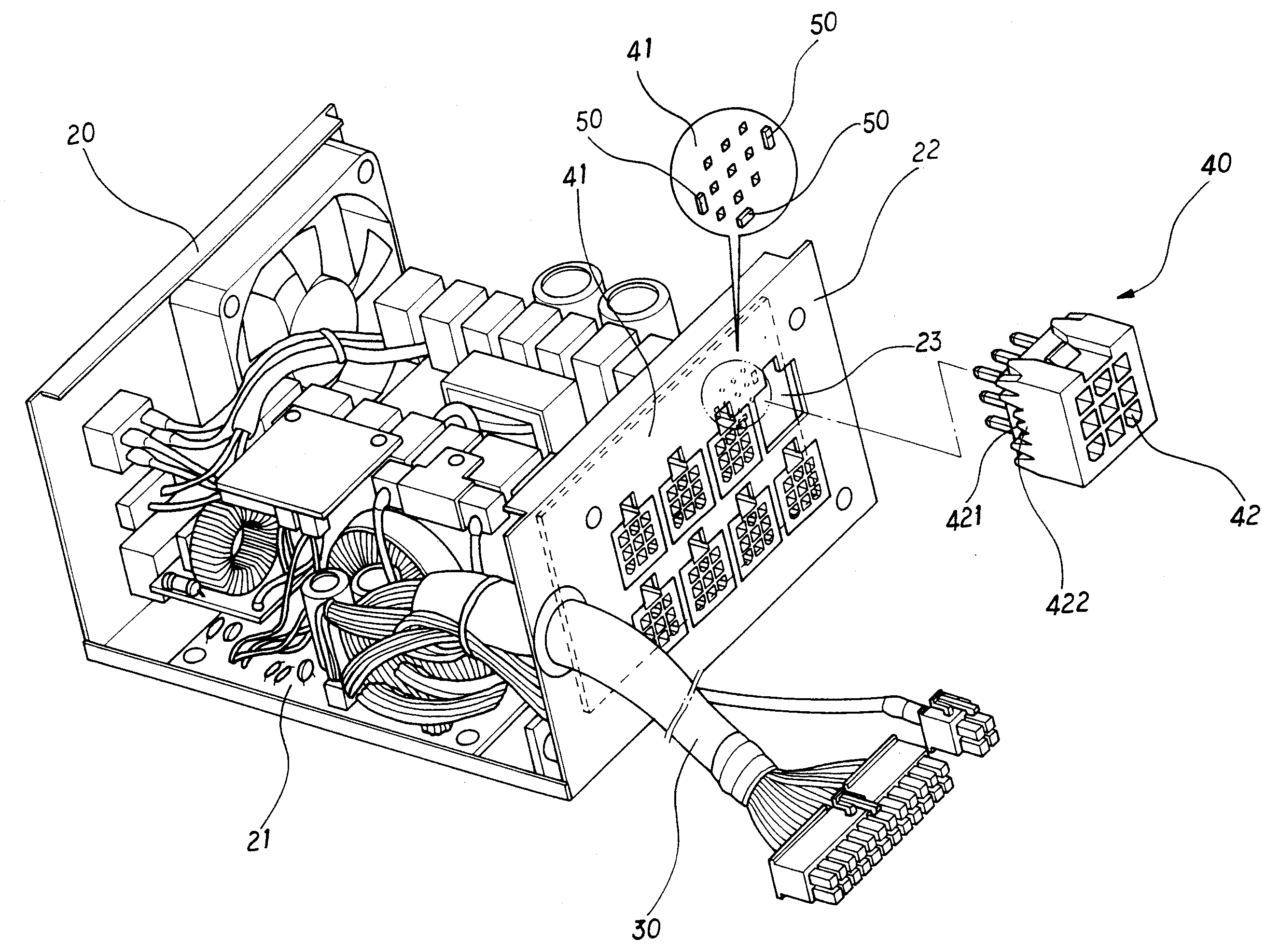 Power supply device with a power output assembly