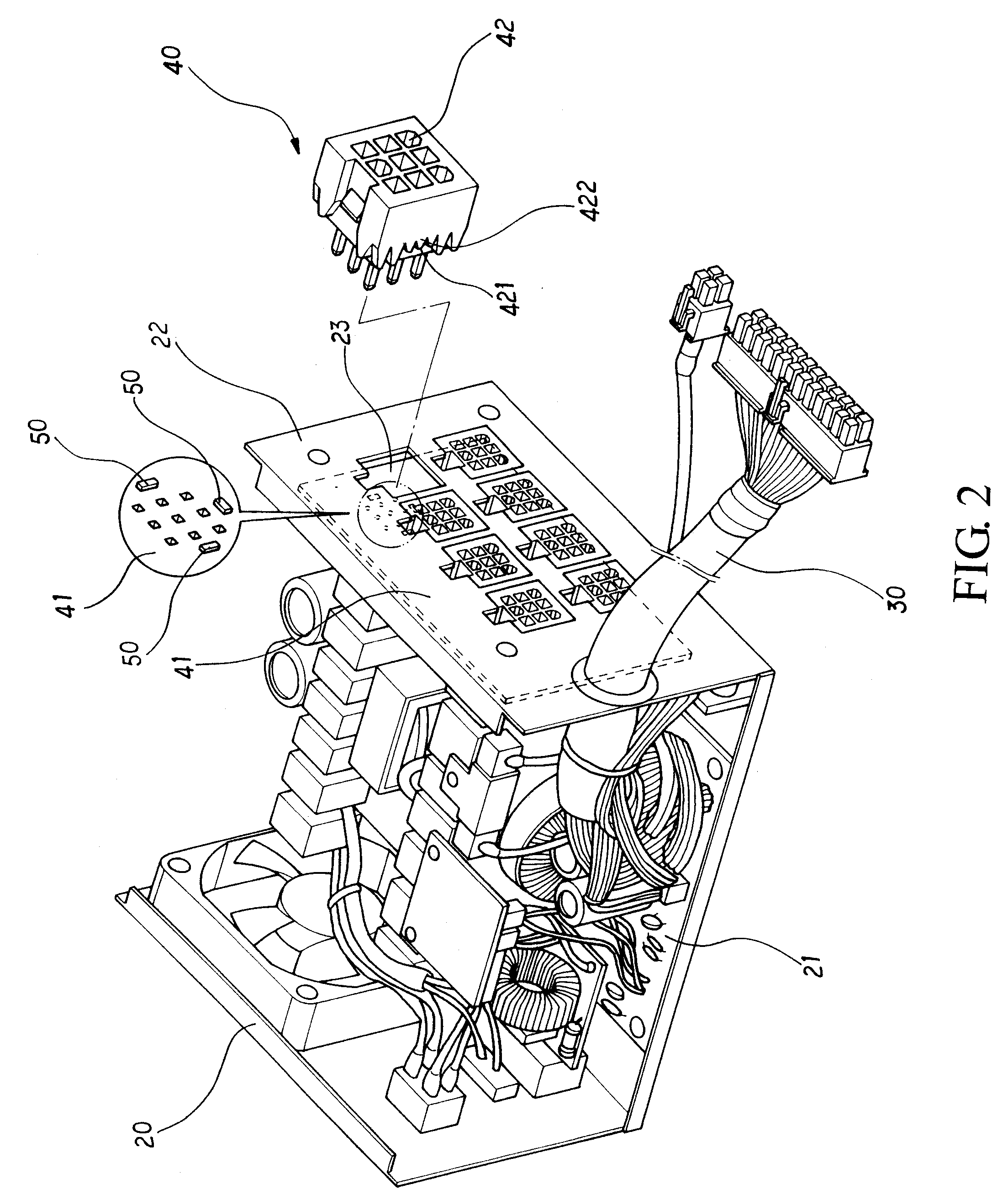 Power supply device with a power output assembly