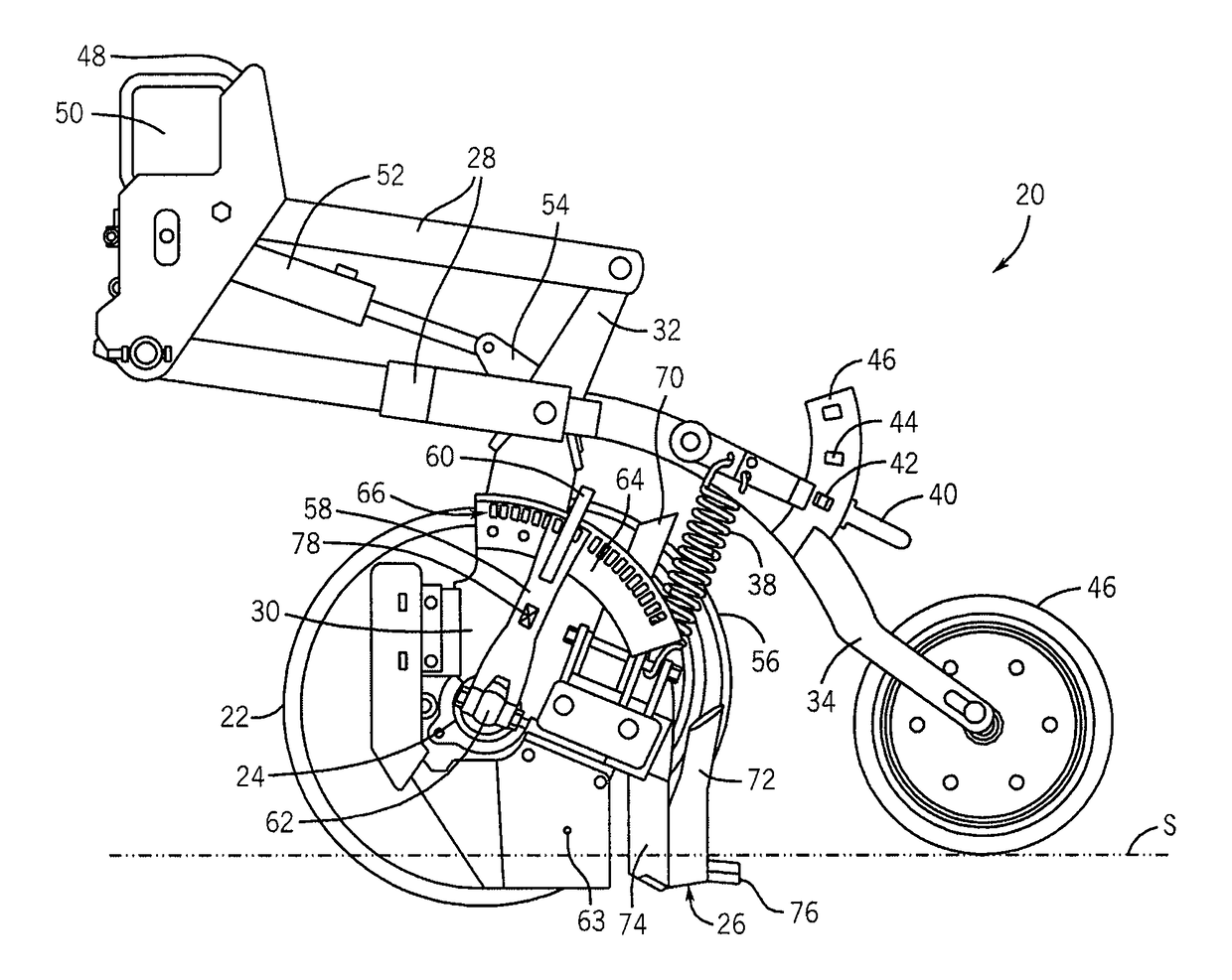 Down pressure adjustment device and method for use with a disc opener assembly of an agricultural implement