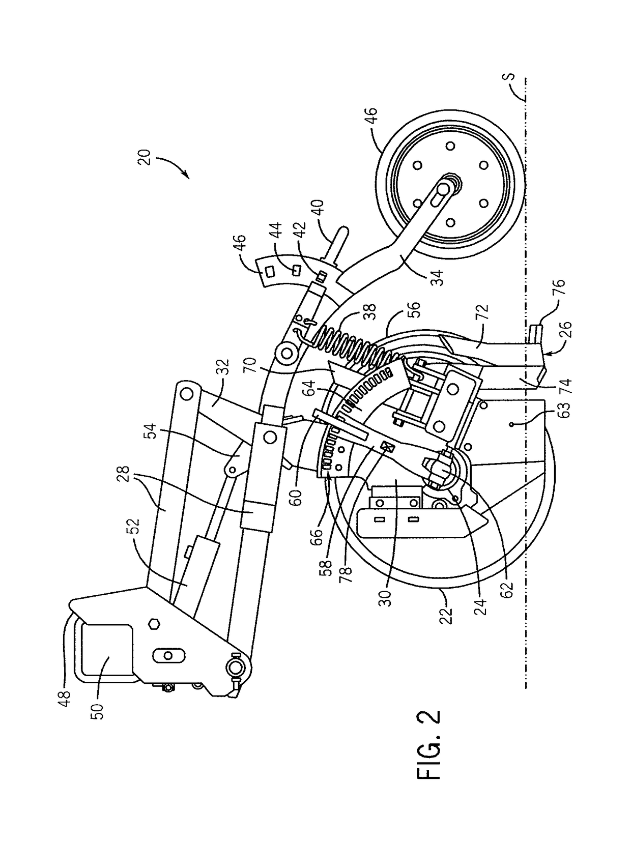 Down pressure adjustment device and method for use with a disc opener assembly of an agricultural implement