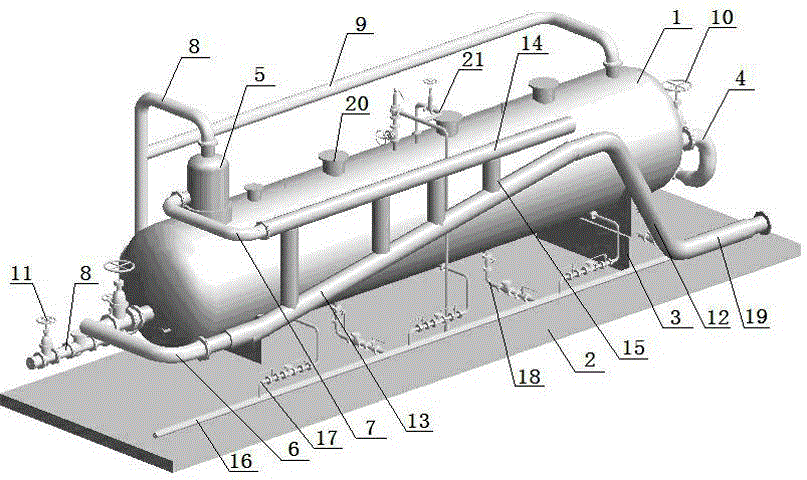 High-temperature gas-carrying super-heavy oil slug flow trapping and treating integrated device