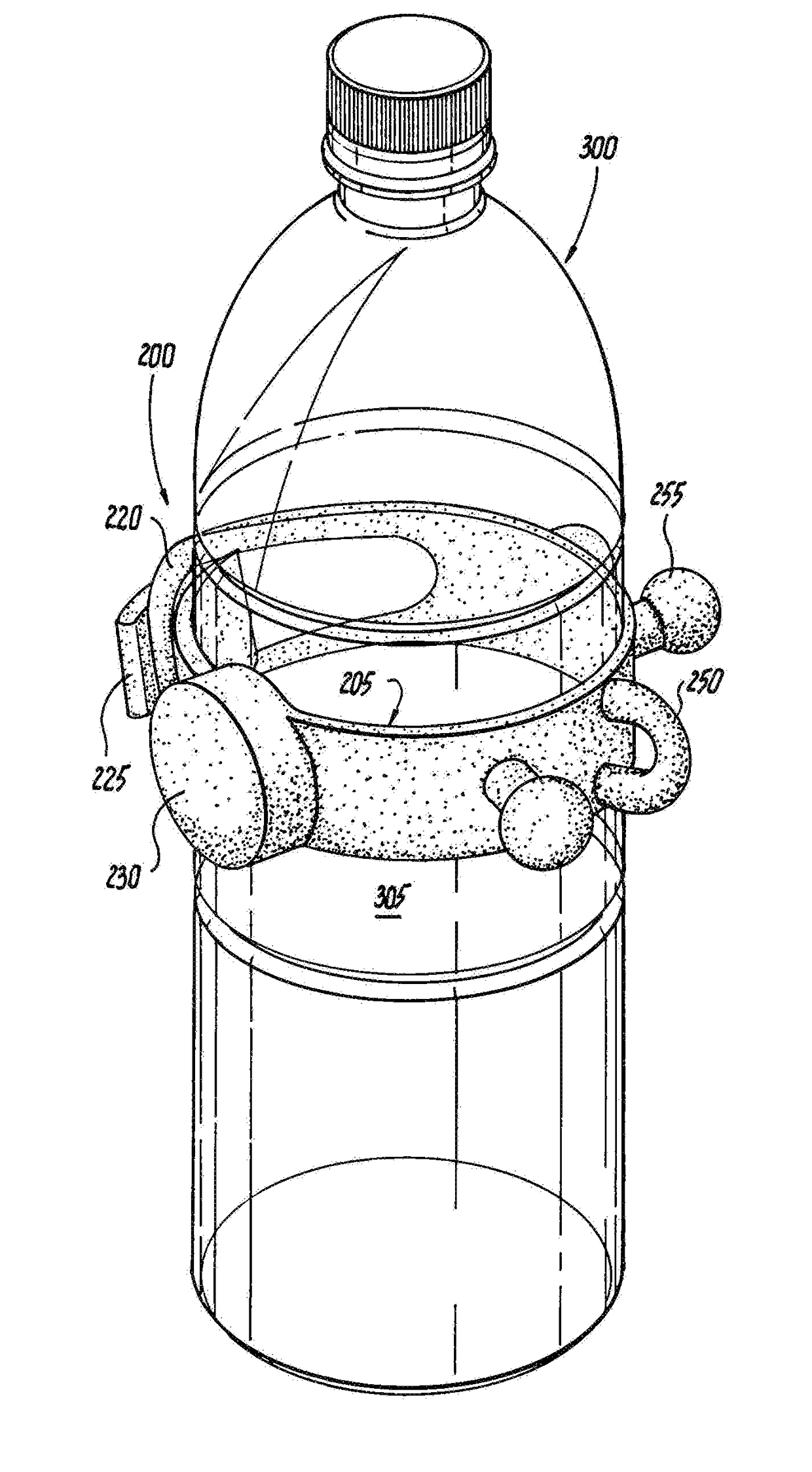 Elastomeric band for removably attaching a bottle to a vertical surface