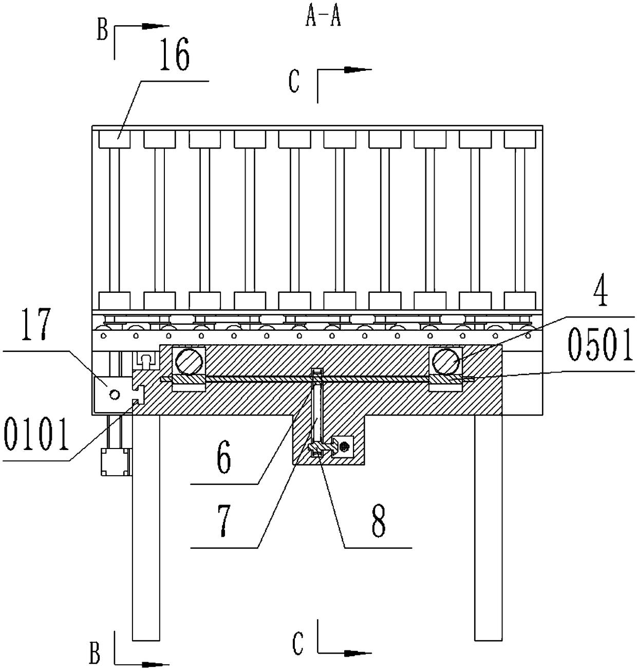 Adjusting mechanism for packaging device for paper boxes of different specifications and sizes