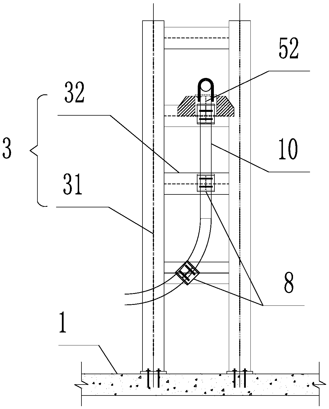 Super-high-level pump pipe gap bridge device and construction method thereof