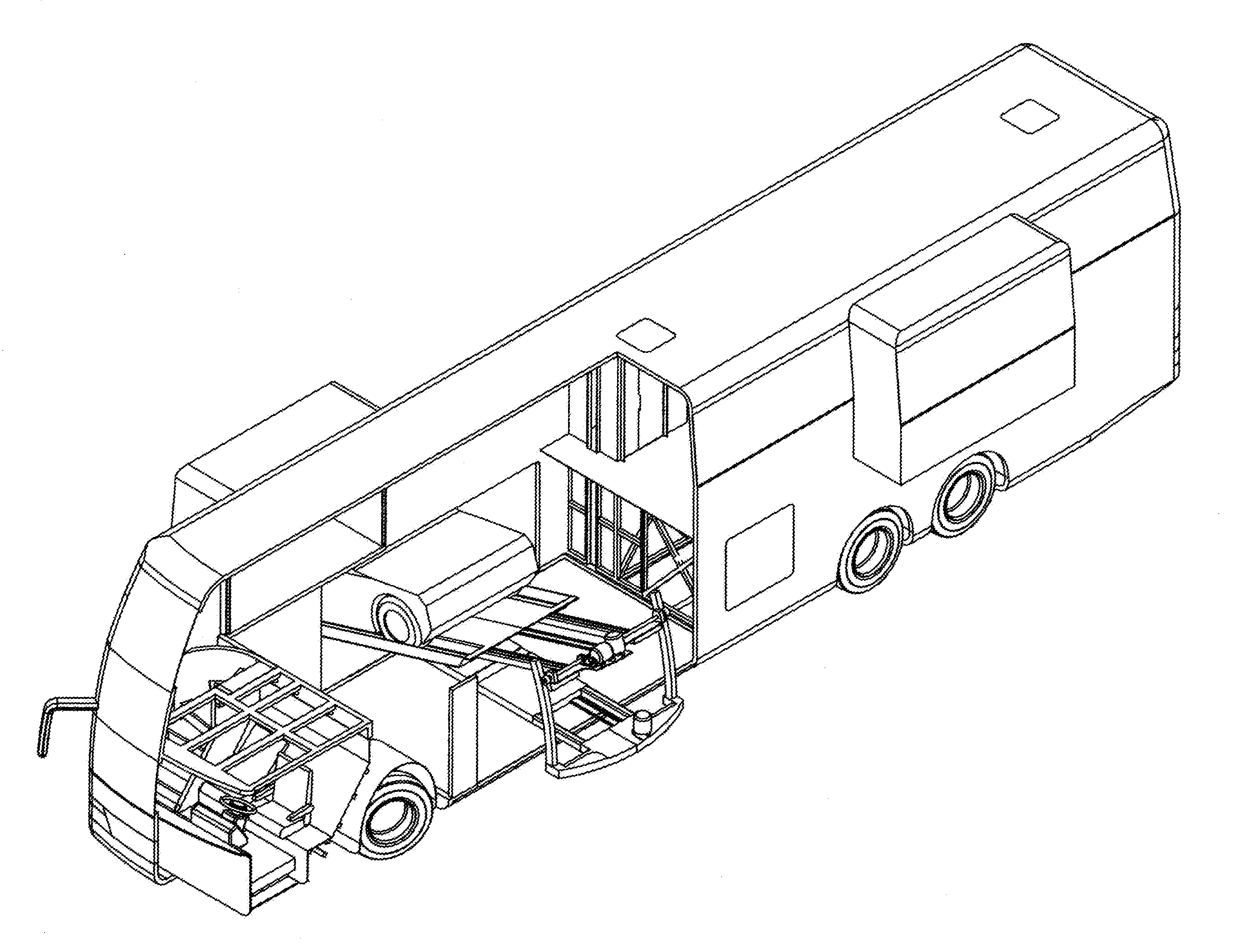 Motorhome with onboard touring car, elevator, and crew cabin