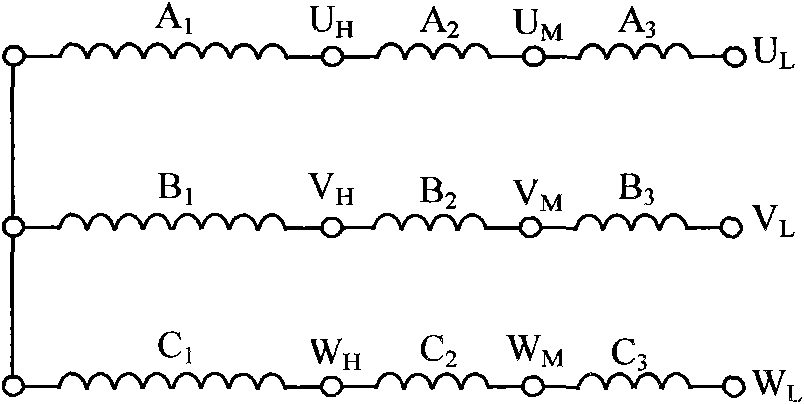 Multiwinding series connection variable volume induction motor and control device thereof