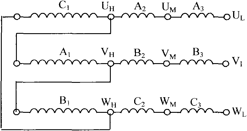 Multiwinding series connection variable volume induction motor and control device thereof