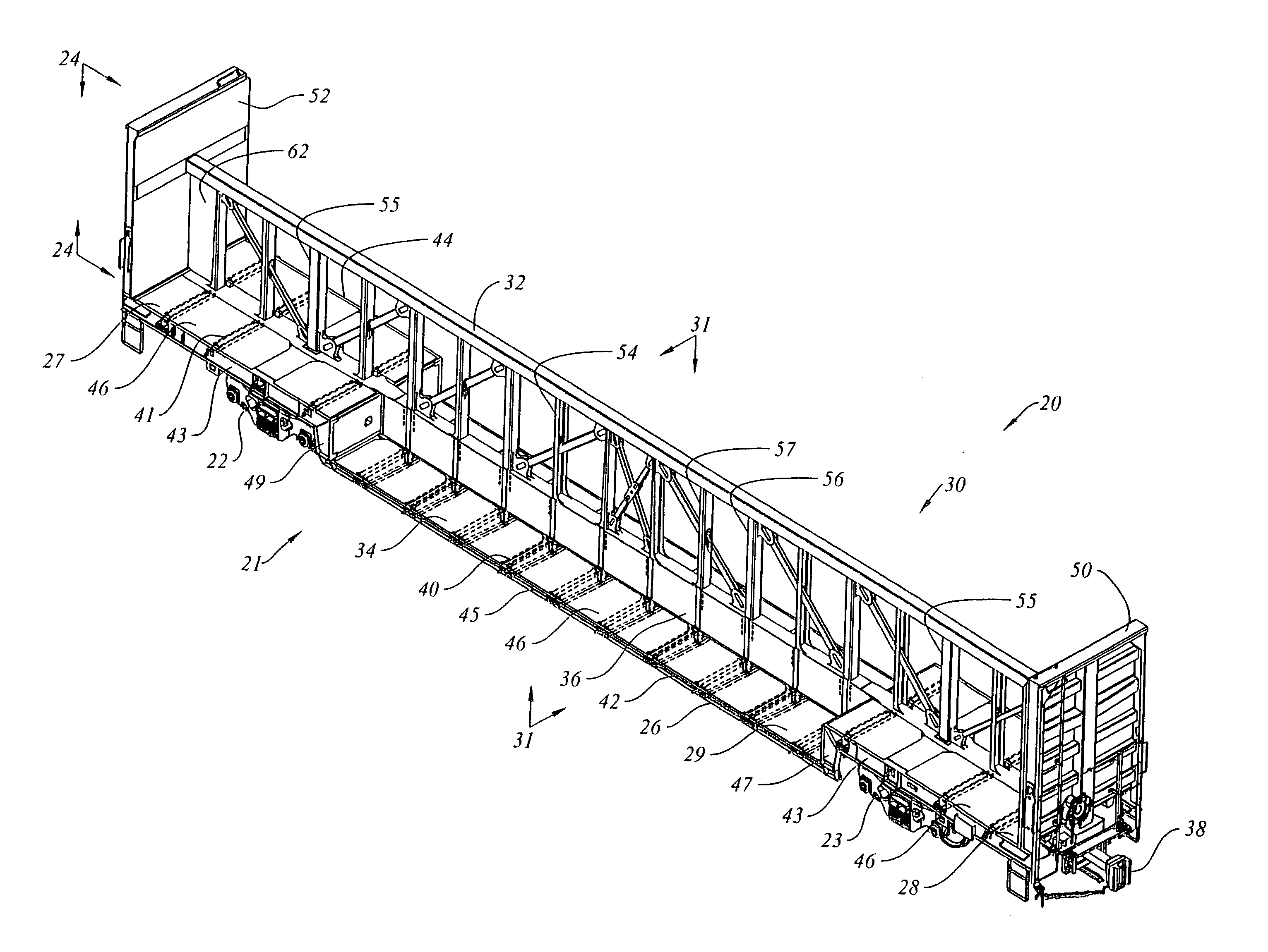 Dropped deck center beam rail road car