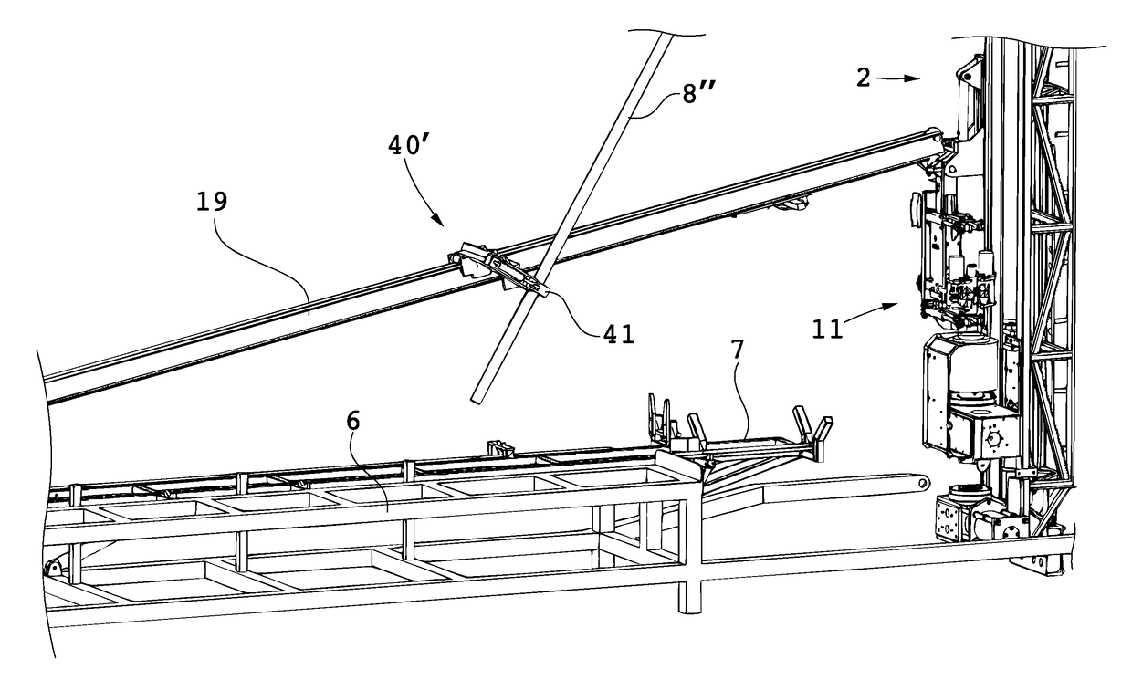 Handling device and method for handling drill string components in rock drilling and rock drill rig