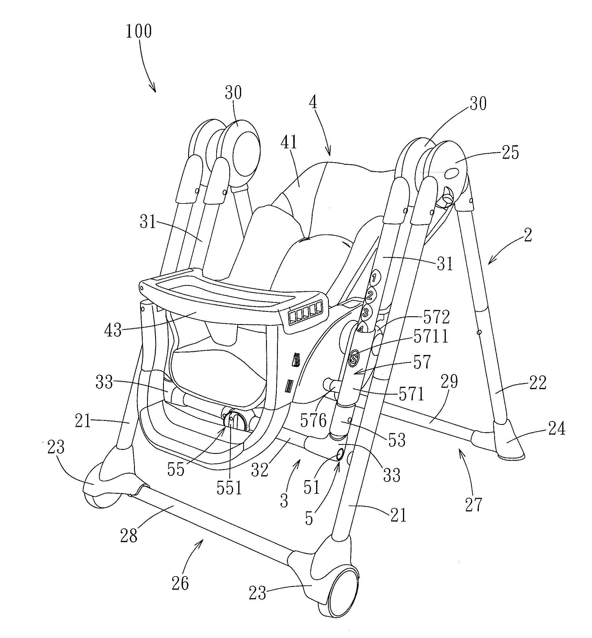 Child seat convertible between a high chair configuration and a swing configuration and method of conversion therof