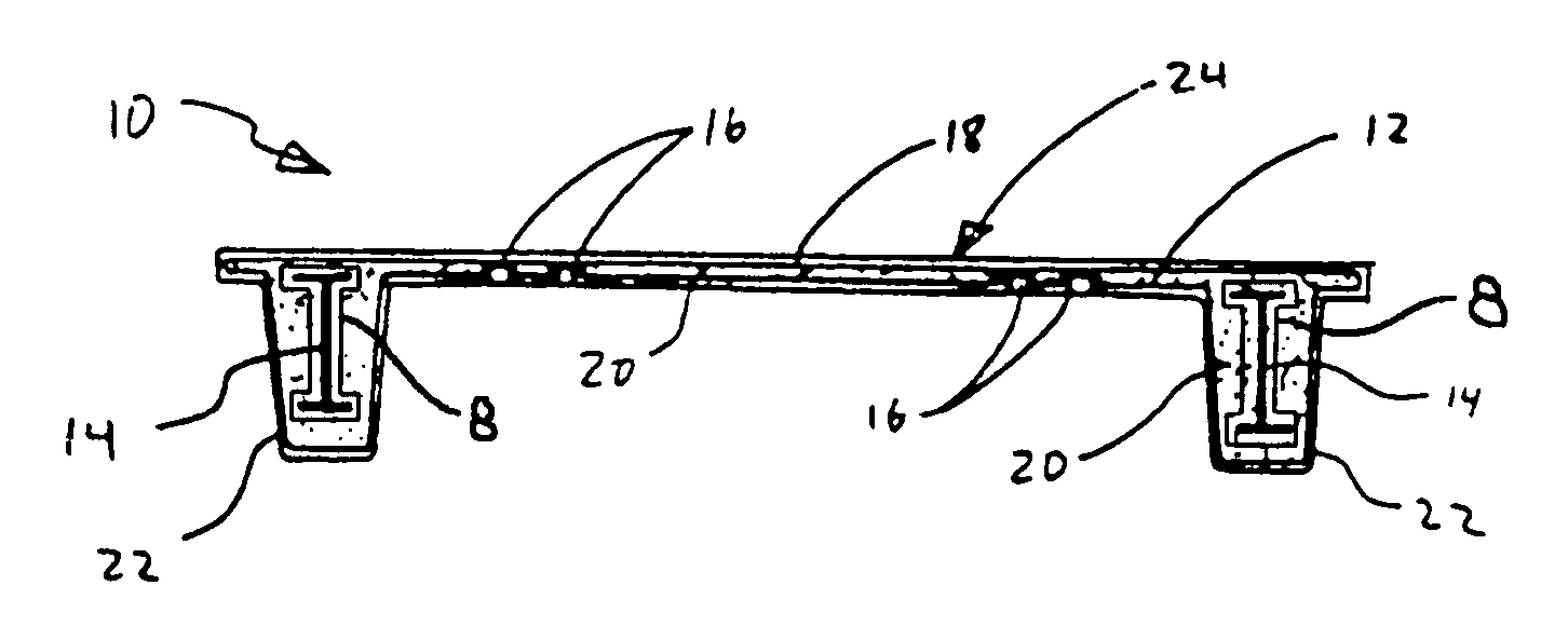 Molded article with foam-encased adhesion-resistant reinforcing member and method