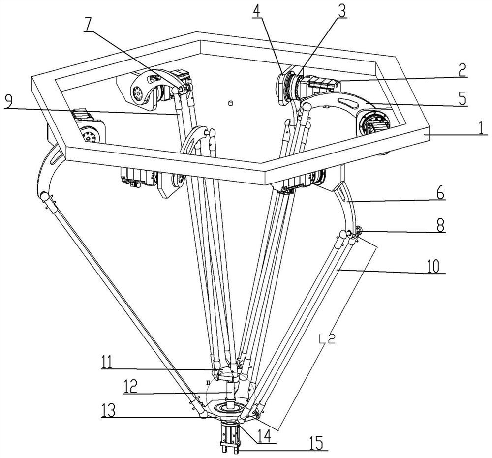 Parallel robot with six built-in rods and six degrees of freedom