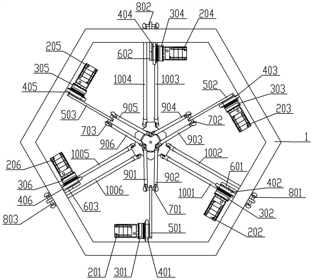 Parallel robot with six built-in rods and six degrees of freedom