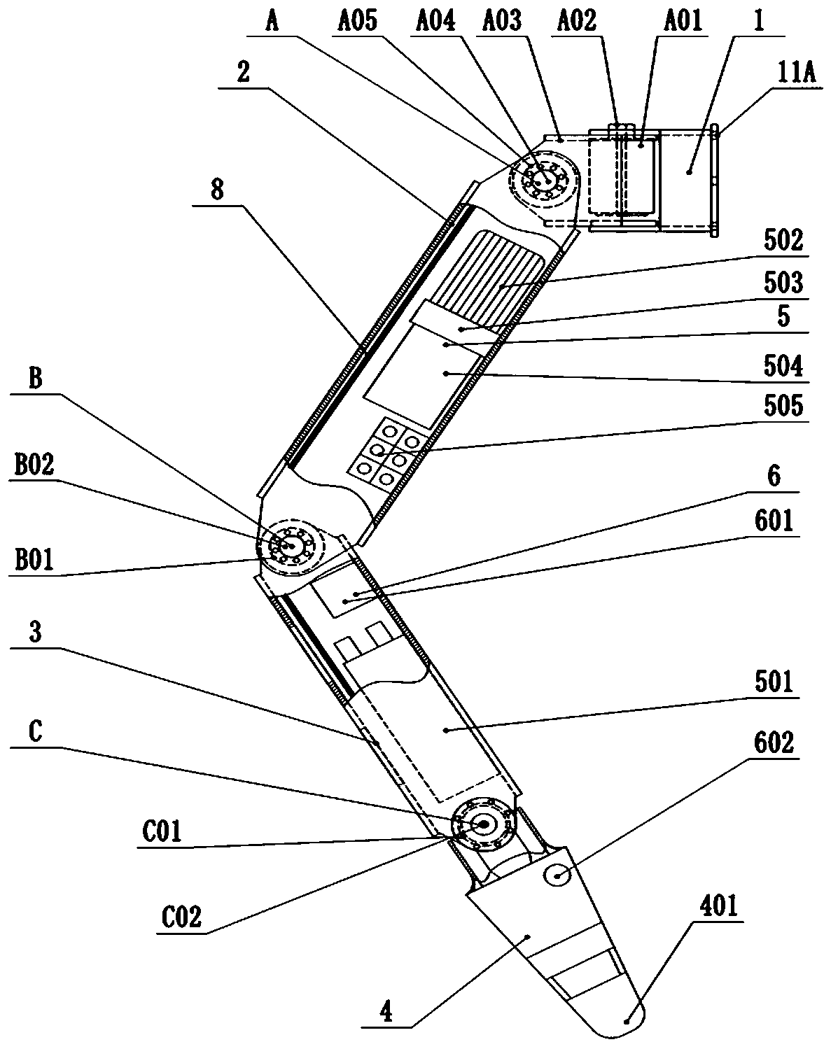 Three-joint bionic mechanical leg with autonomous hydraulic distribution power