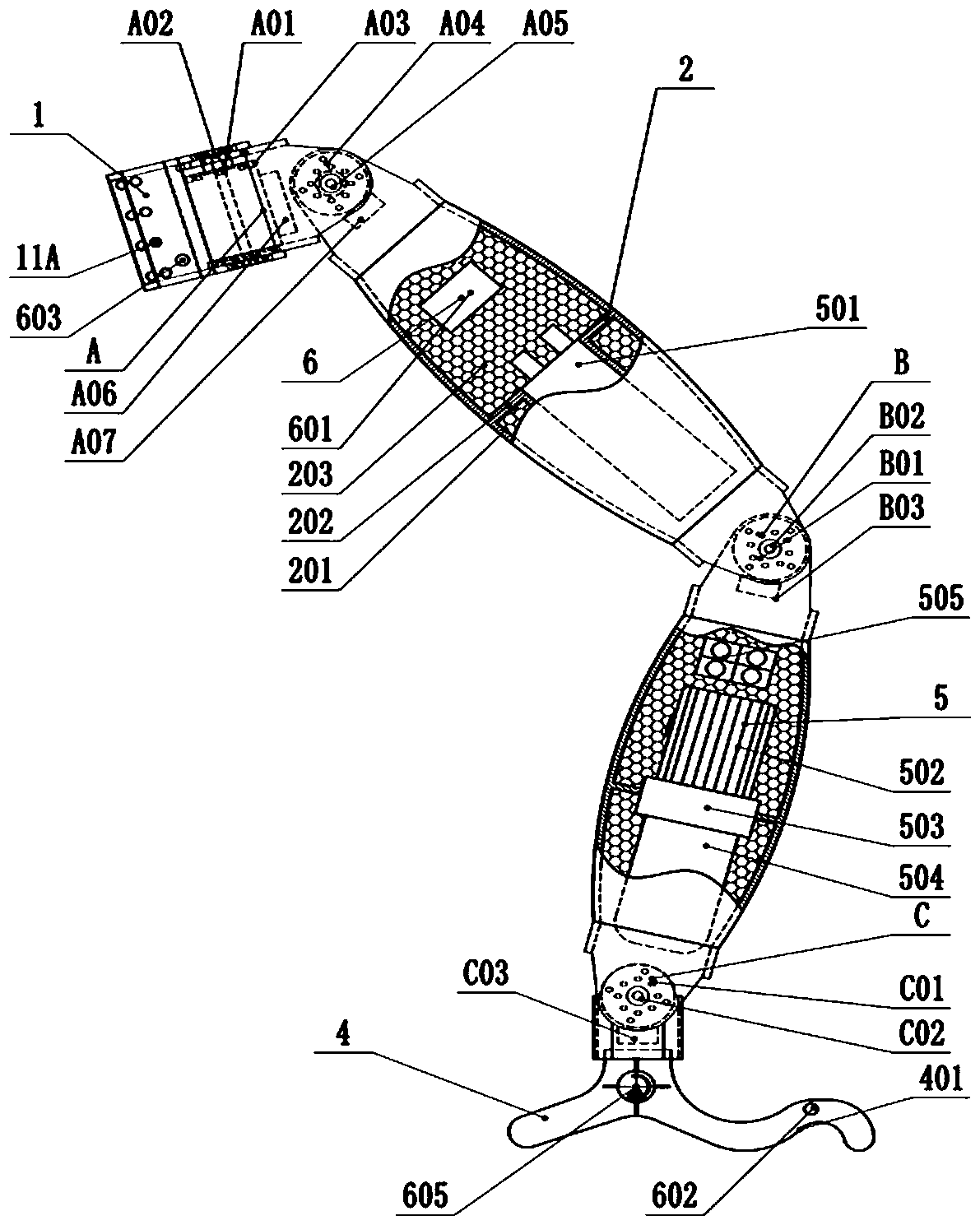 Three-joint bionic mechanical leg with autonomous hydraulic distribution power