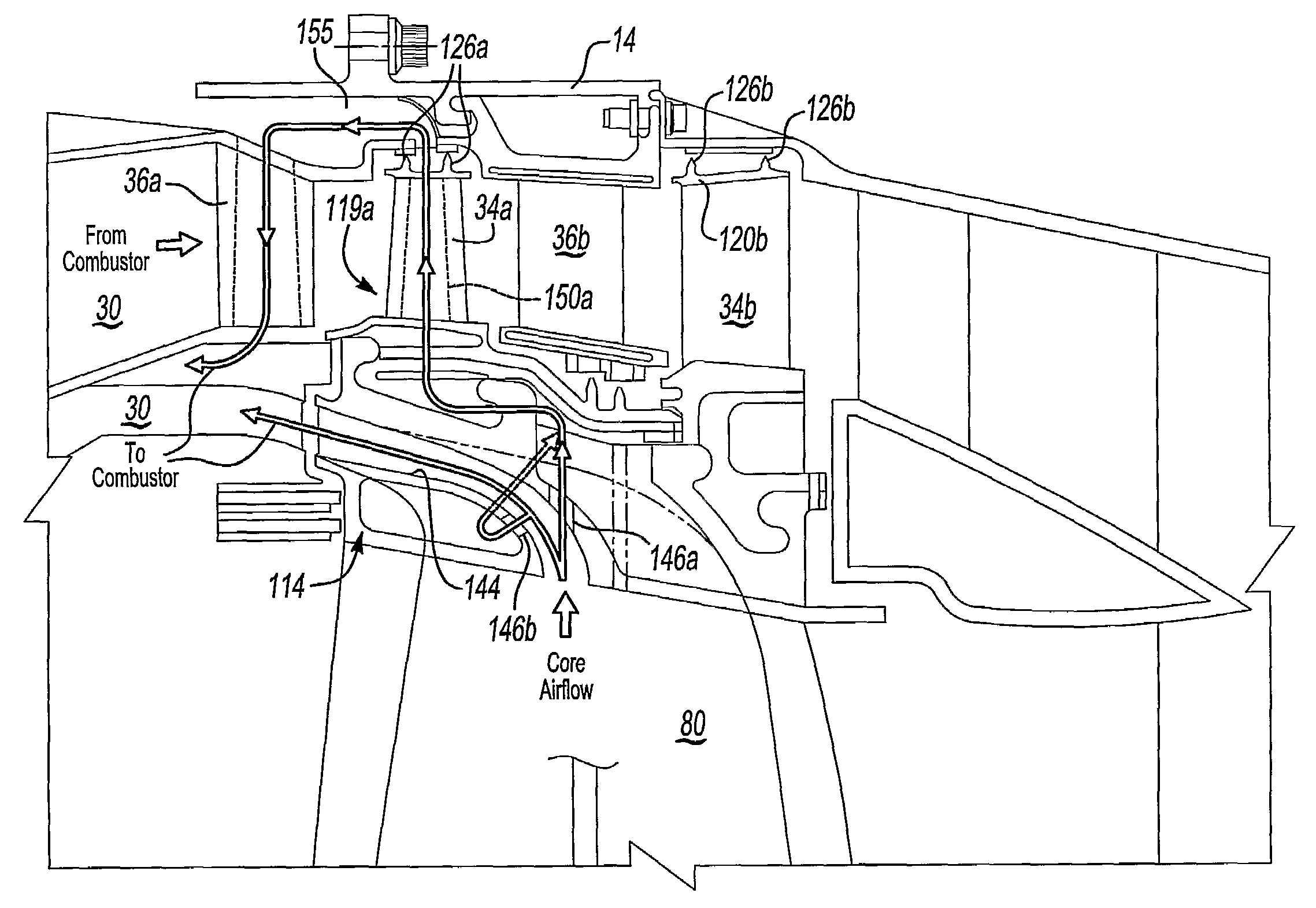 Regenerative turbine blade and vane cooling for a tip turbine engine