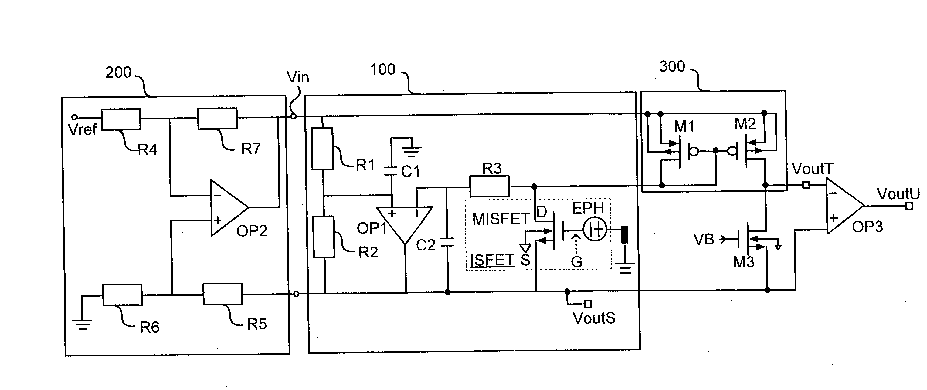 Electronic circuit for ion sensor with body effect reduction