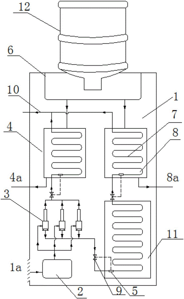 Cold and hot integrated water fountain utilizing air as heat transfer medium