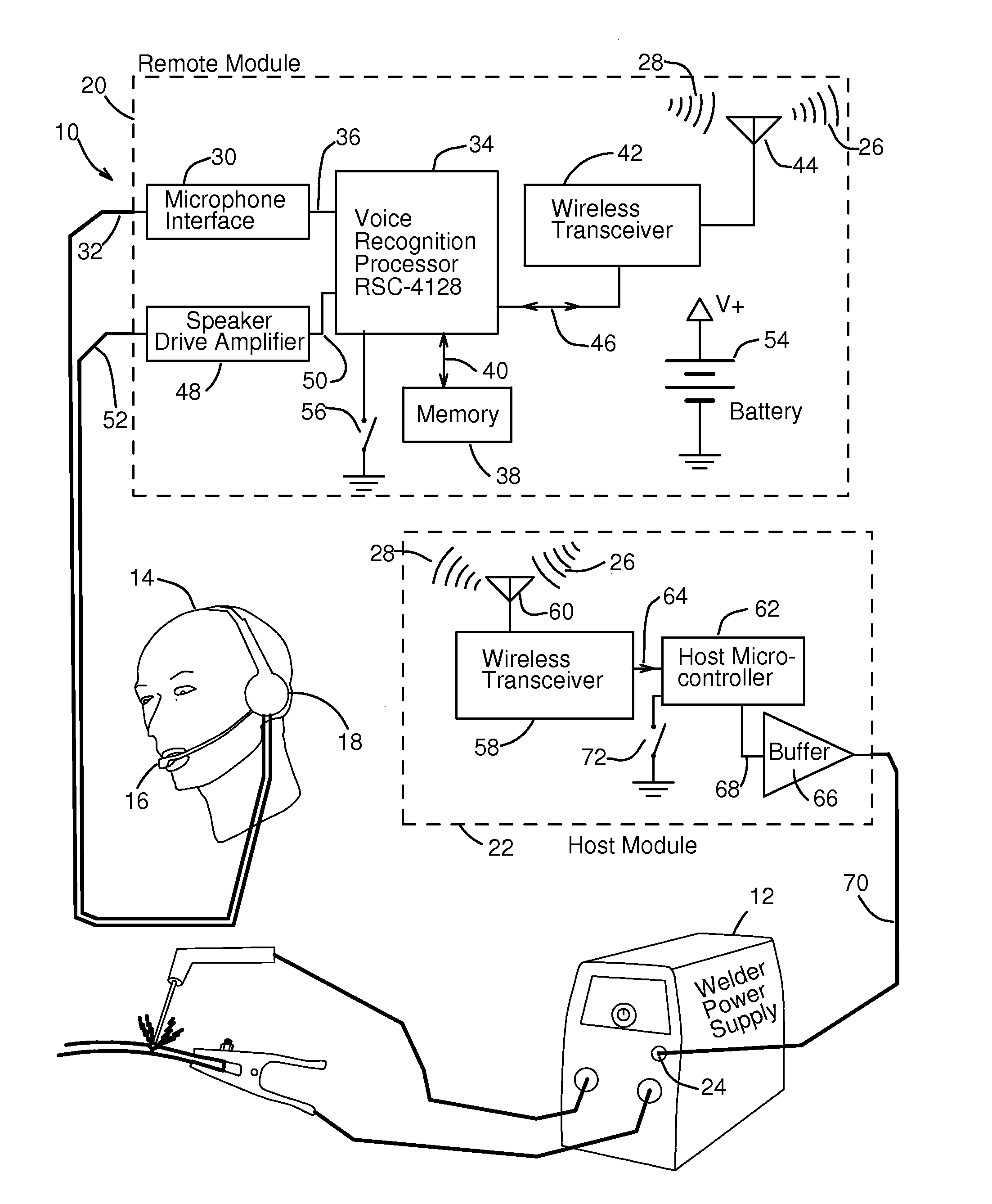 Wireless voice recognition control system for controlling a welder power supply by voice commands