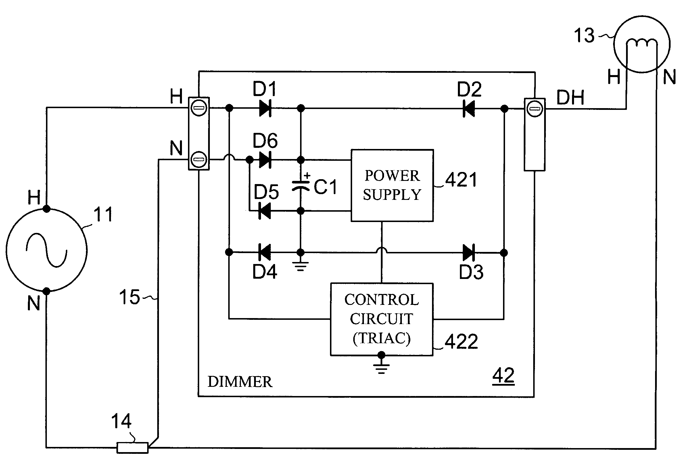 Dimmer adaptable to either two or three active wires