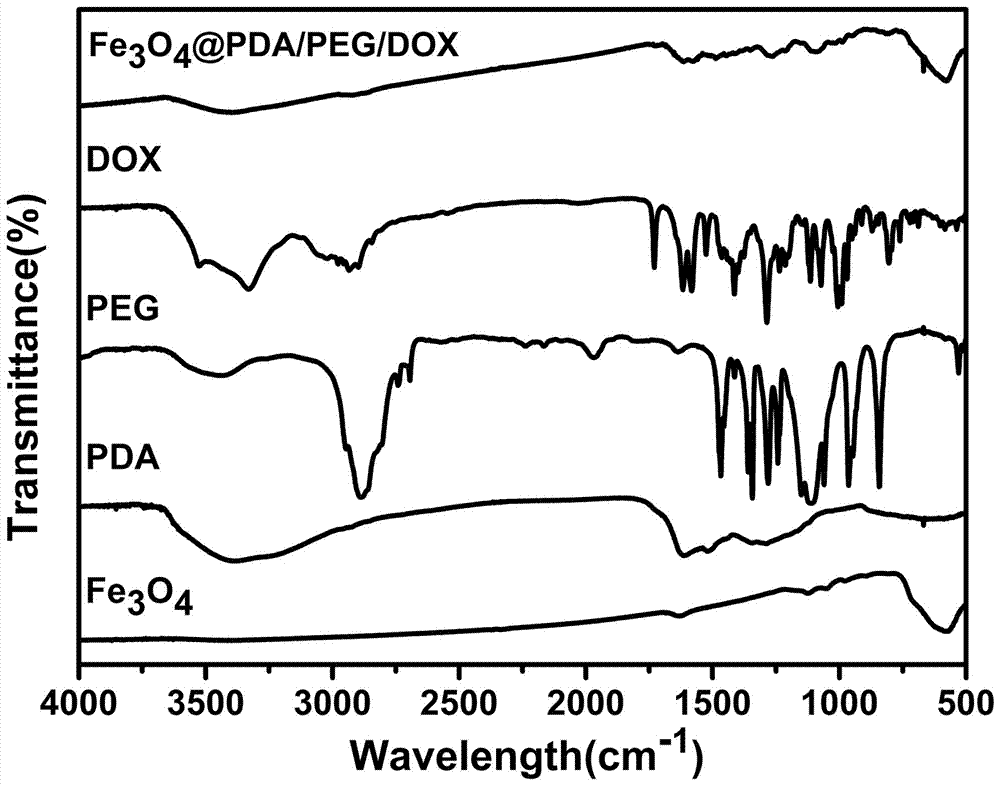 Preparation method of pegylated polydopamine-coated drug-loaded magnetic nanoparticles