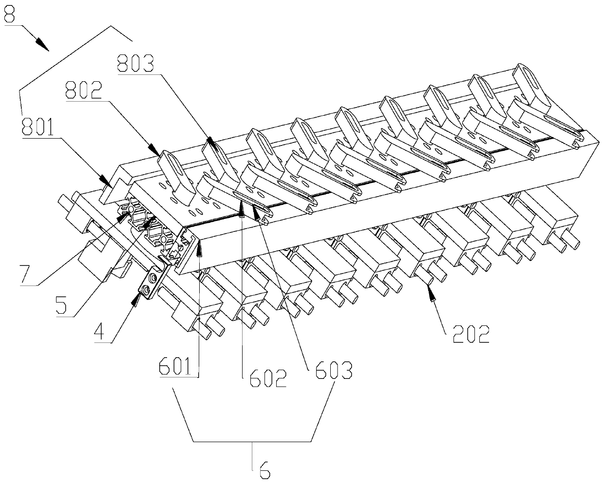 Array clamping jaw module and bottle clamping conveying device