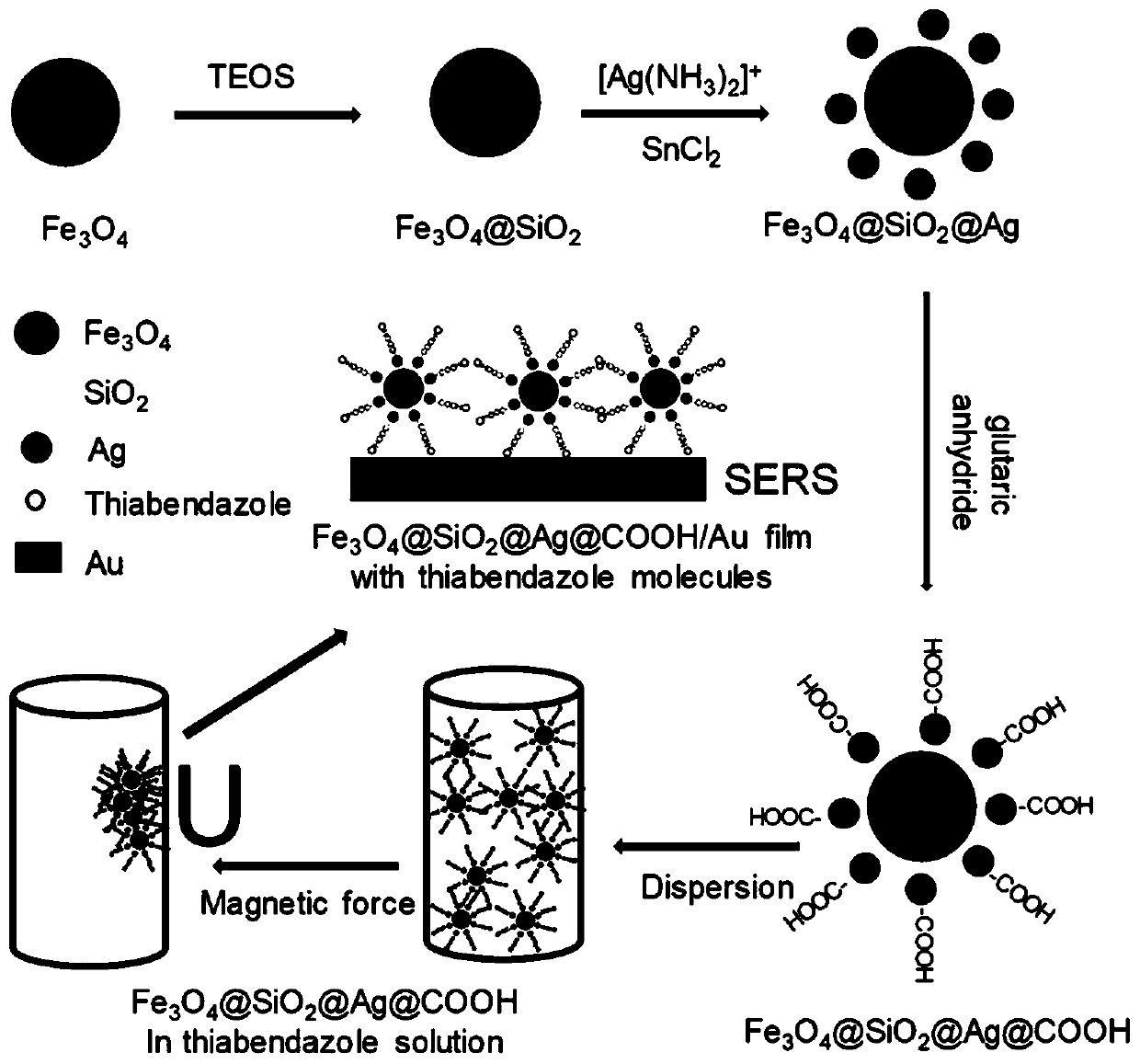 Preparation method of modified magnetic composite nano particles and application thereof in pesticide detection