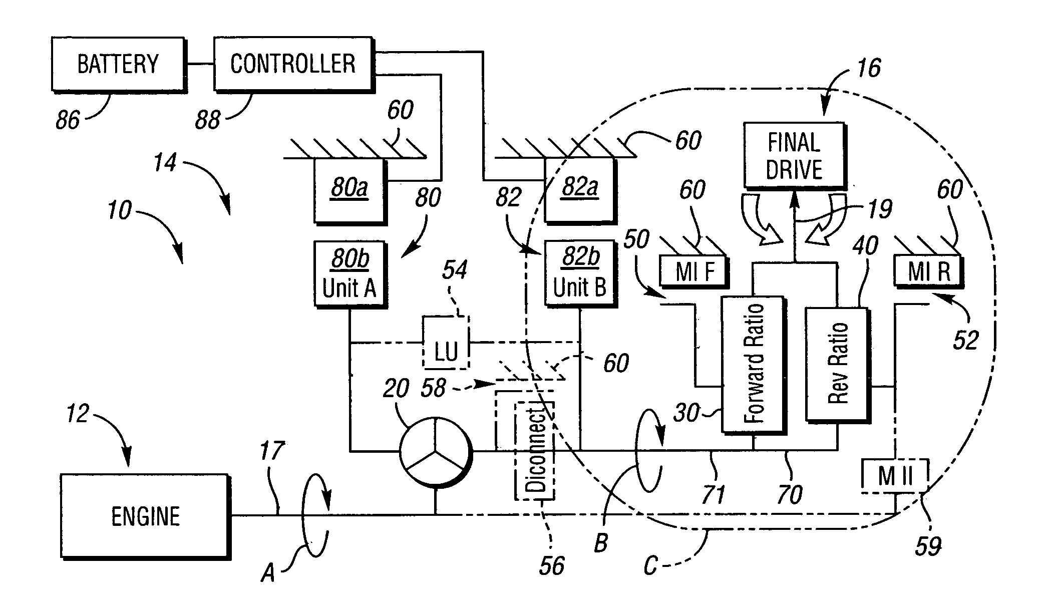 Two mode electrically variable transmission with equal forward and reverse input-split modal and fixed ratio performance