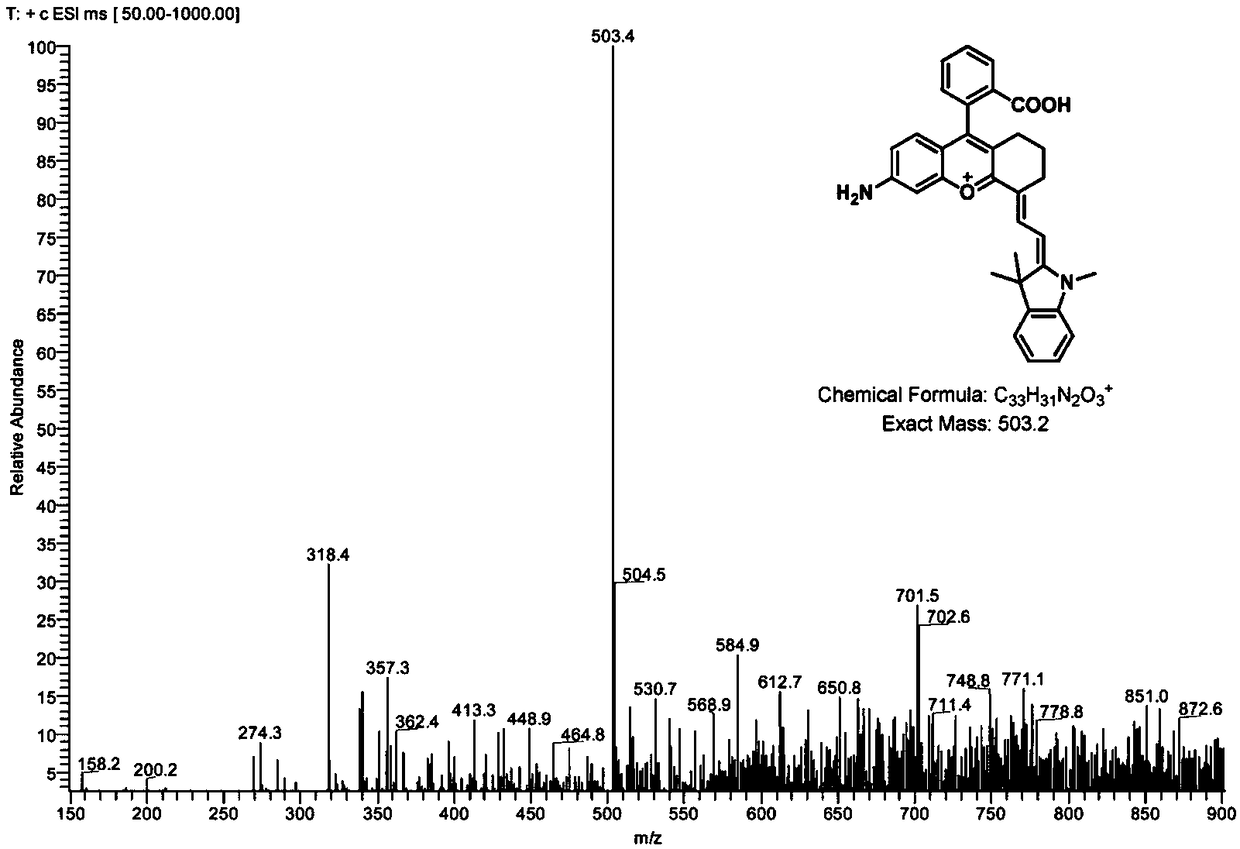 Amido benzopyran cyanine fluorochrome and probe as well as synthetic method and application thereof