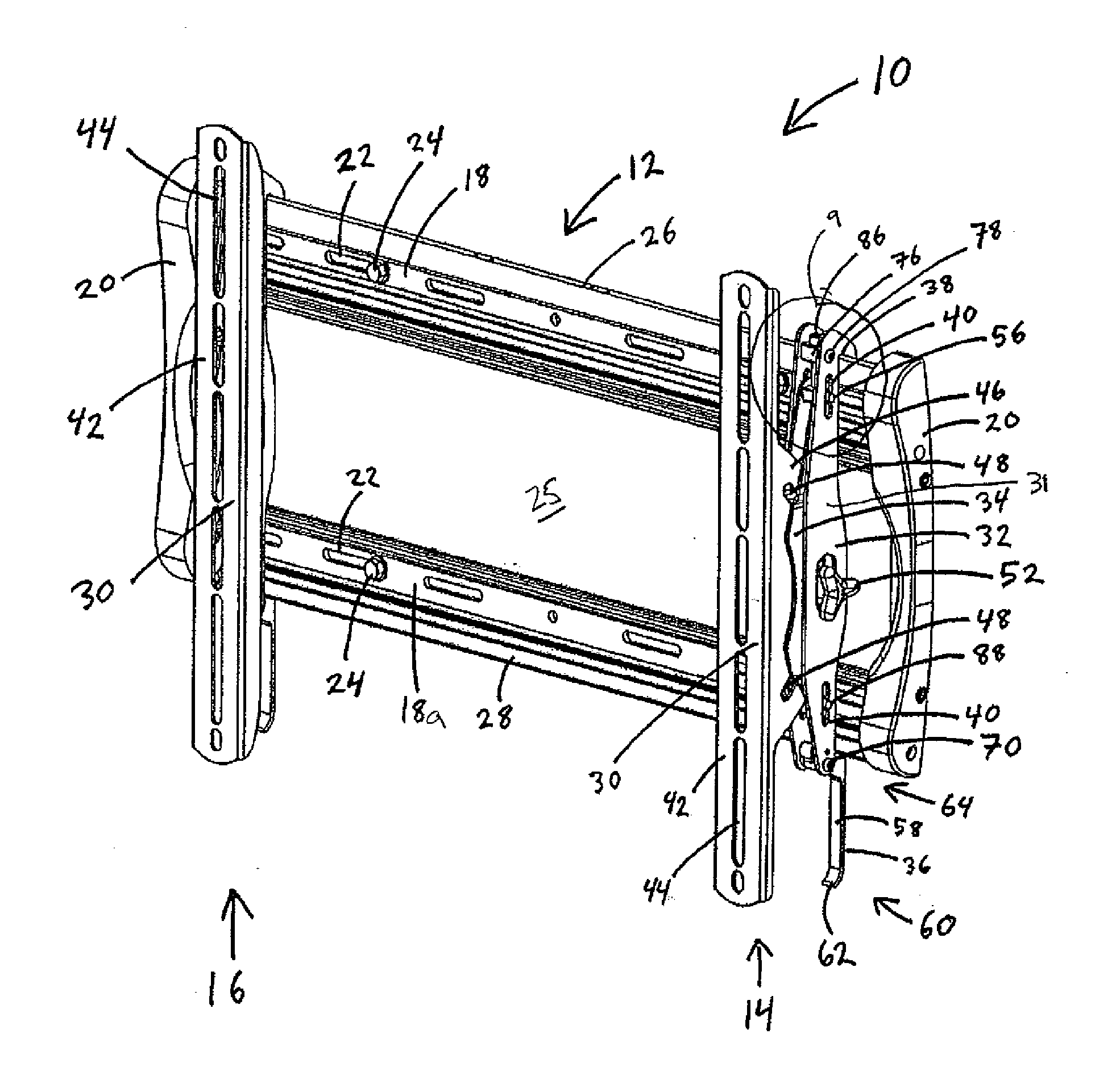 Display wall mount with elastomeric spring latch and post-installation height adjustment and leveling feature