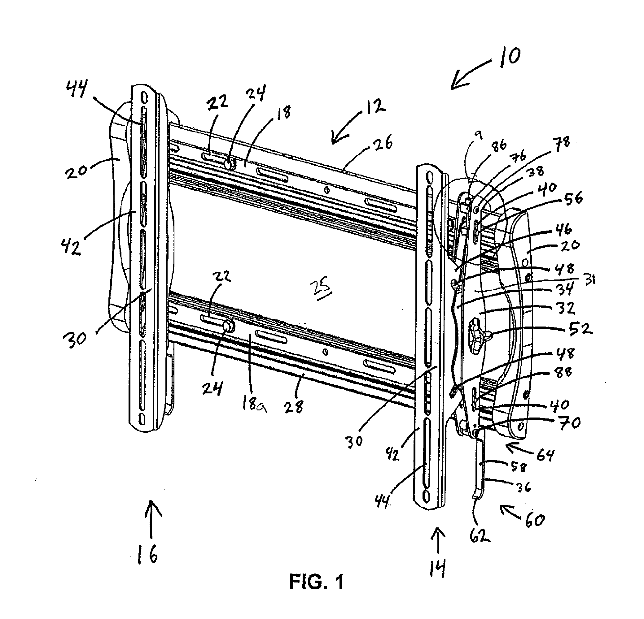 Display wall mount with elastomeric spring latch and post-installation height adjustment and leveling feature