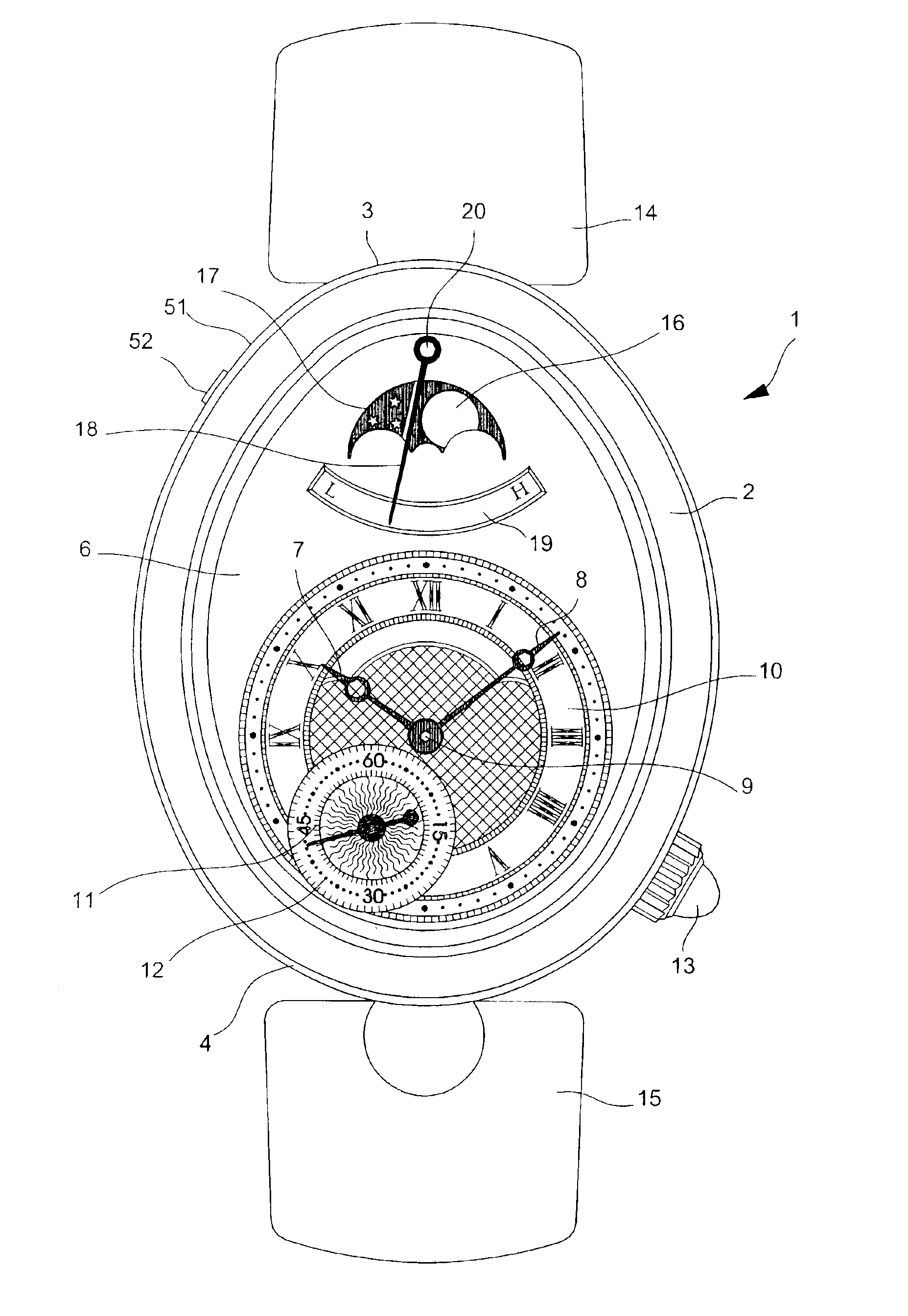 Watch including a case of elongated shape