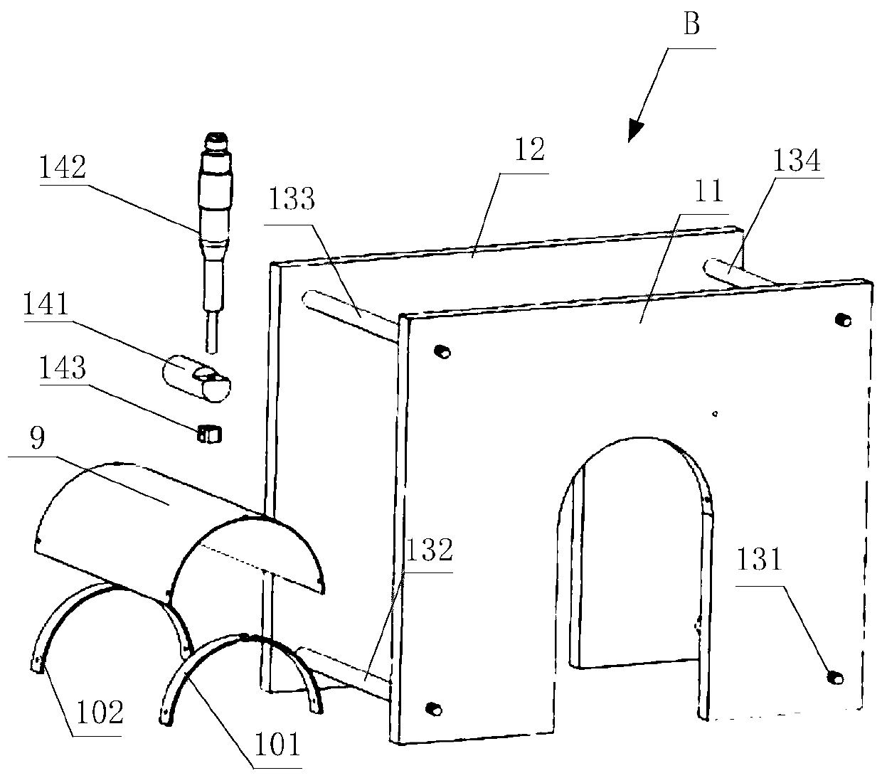 A flute tube jet impingement curved surface heat transfer test device