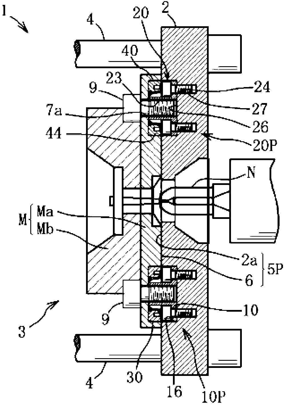 Metal mold positioning and fixing device