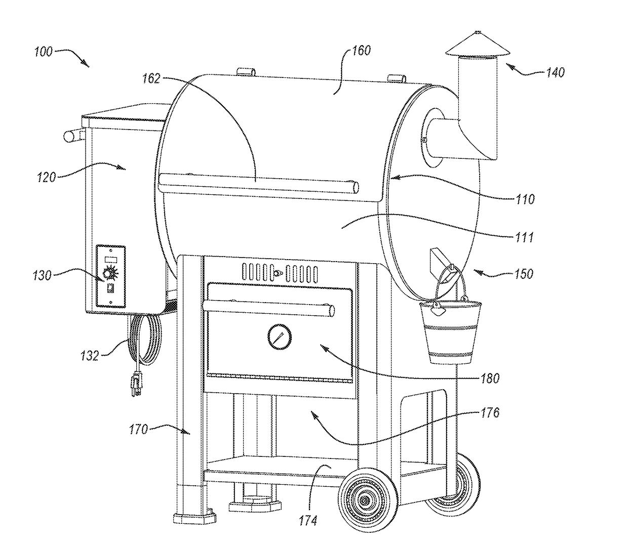 Grilling device with warming cabinet