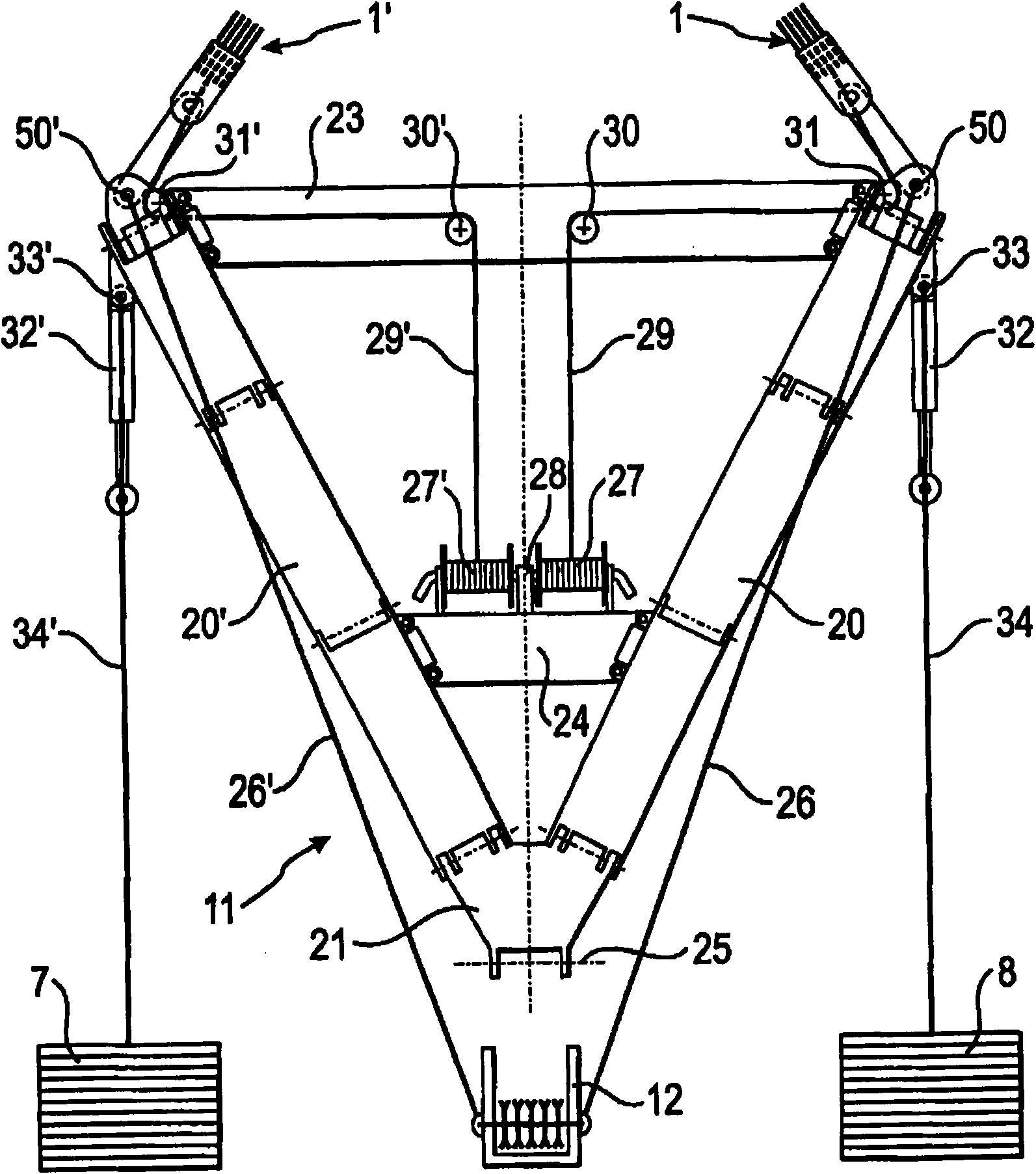 Crane with a boom tensioning device