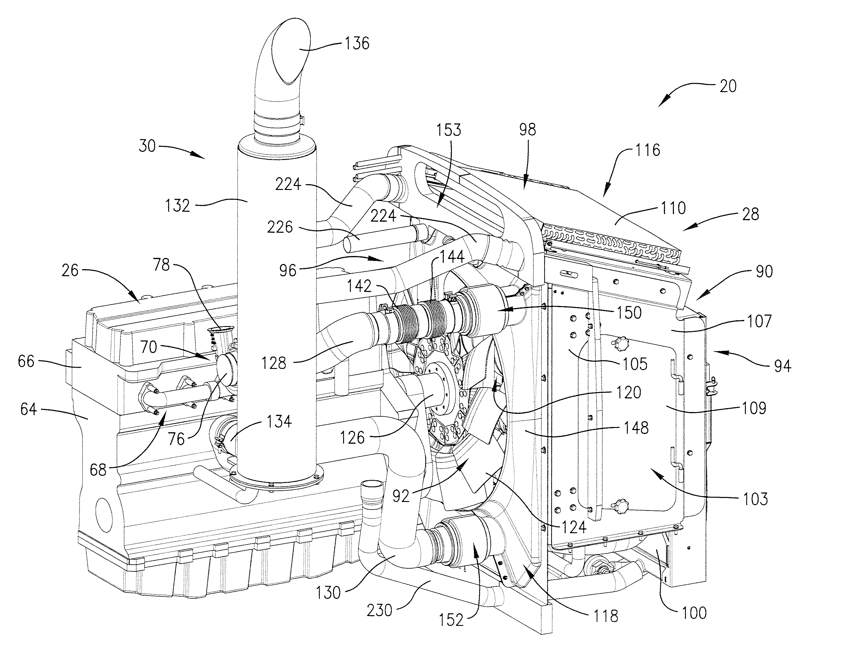 Agricultural vehicle cooling assembly fan shroud with seals for pass-through cooling and exhaust tubes