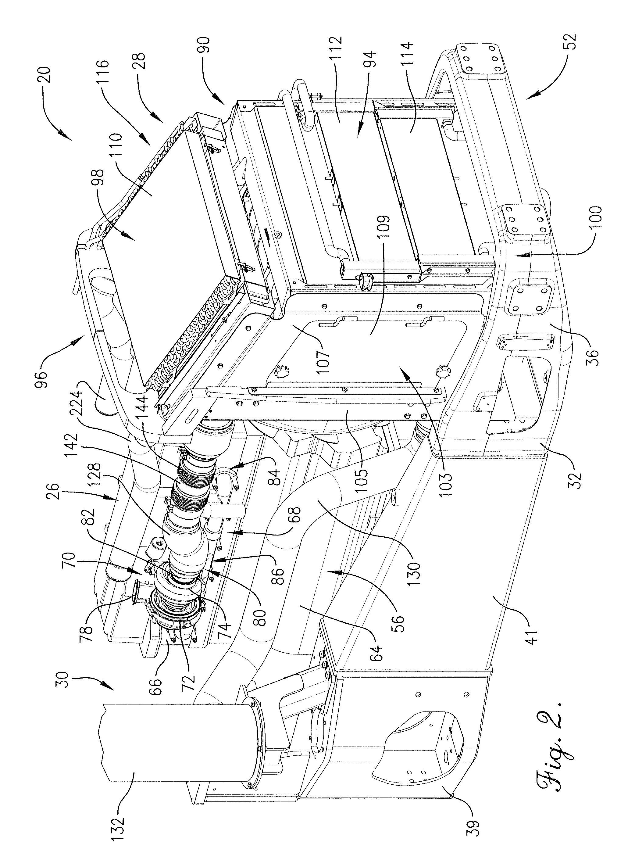 Agricultural vehicle cooling assembly fan shroud with seals for pass-through cooling and exhaust tubes