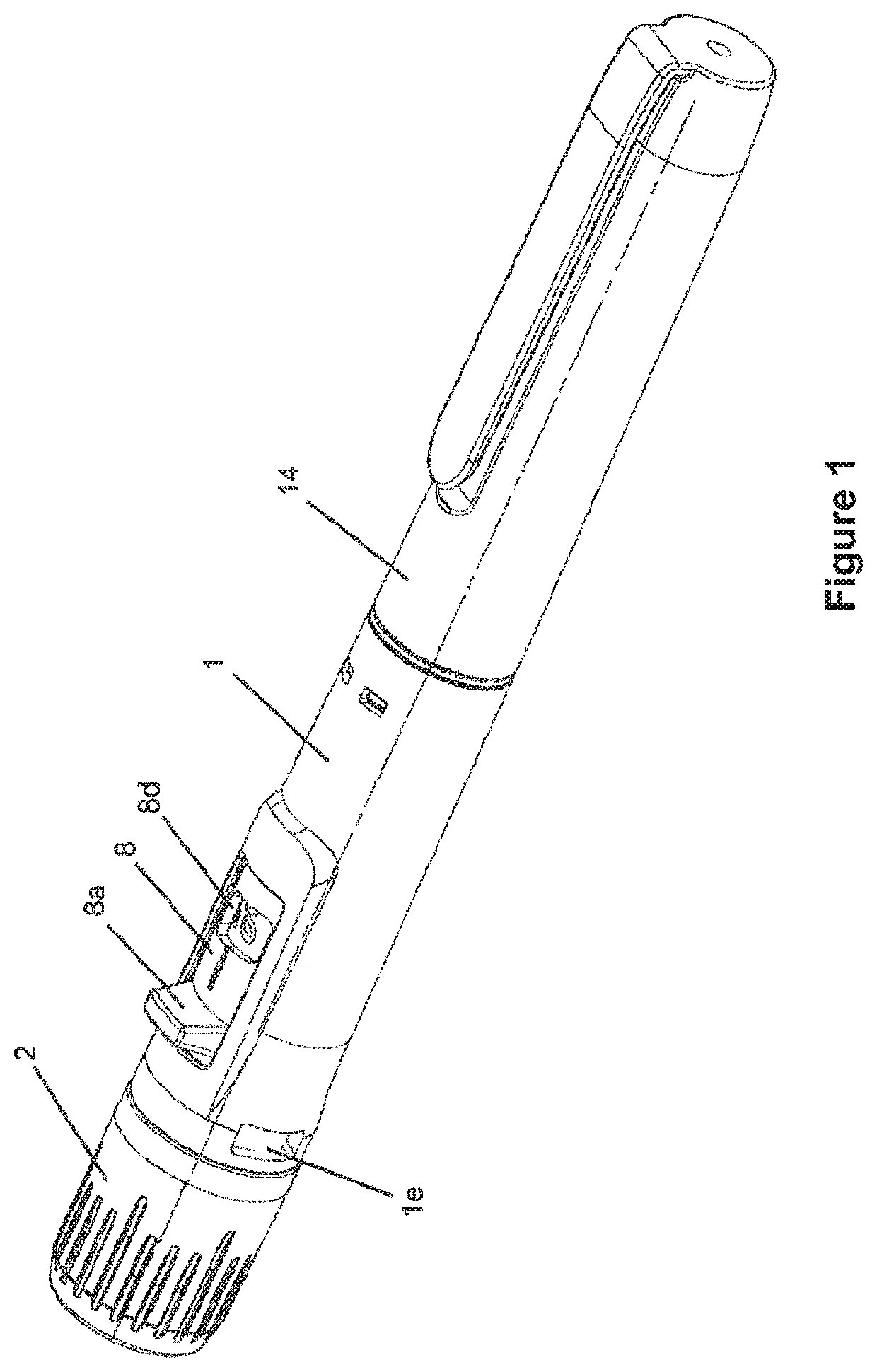 Injection apparatus comprising a laterally attached actuation member for triggering the product release