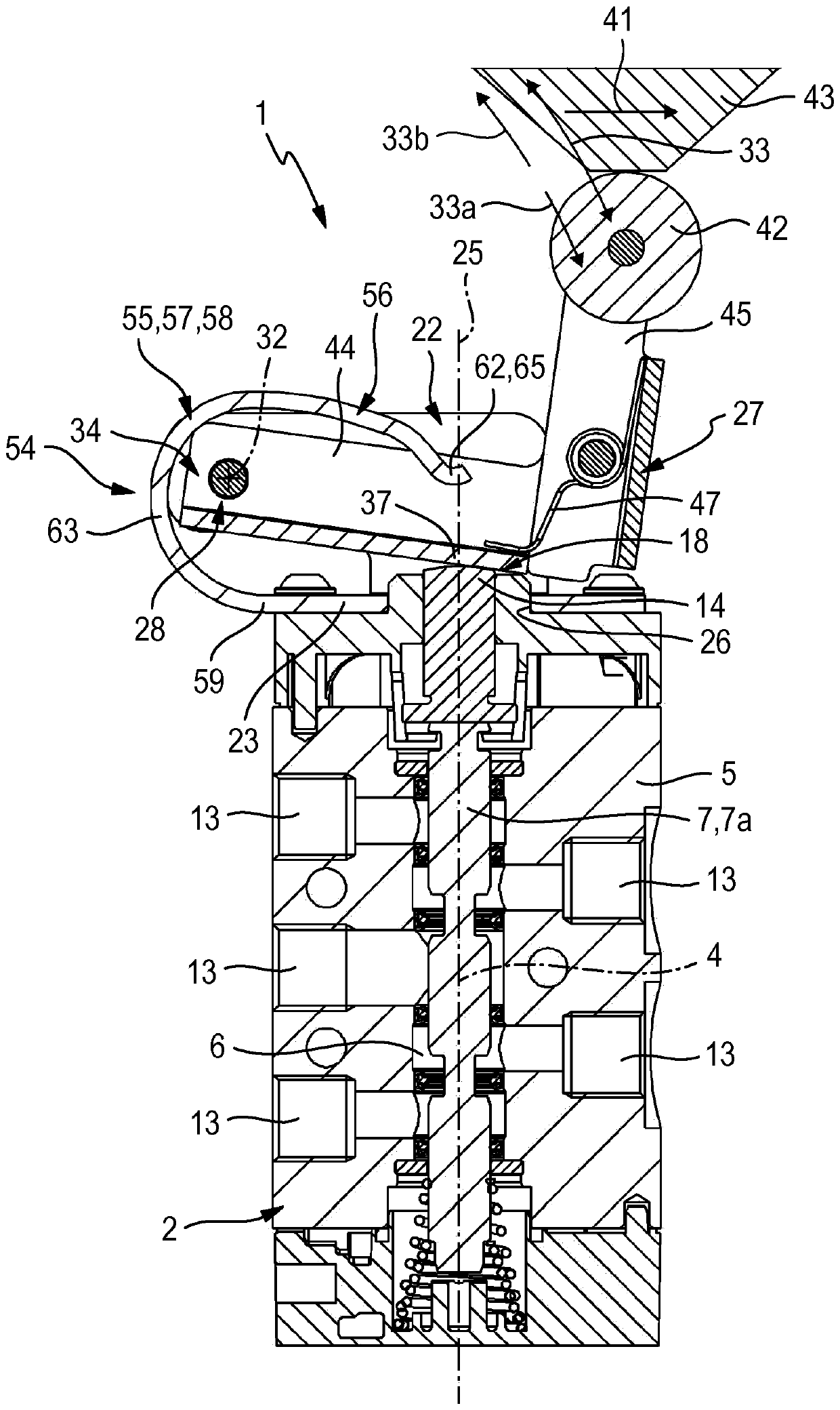 Roller lever operating device and roller lever valve equipped therewith