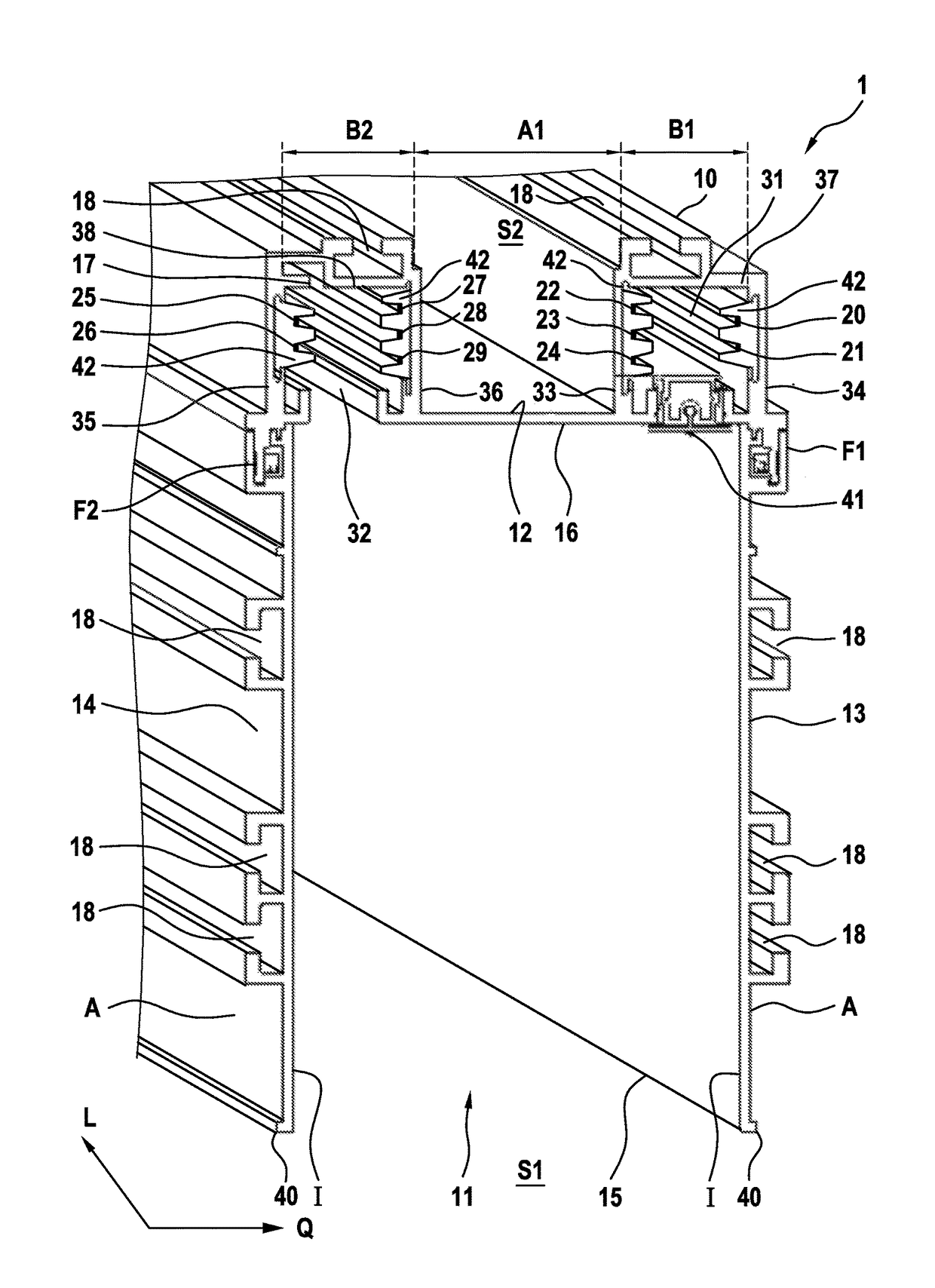 Busbar, consumer unit, use of such a consumer unit, power transmission device and building element