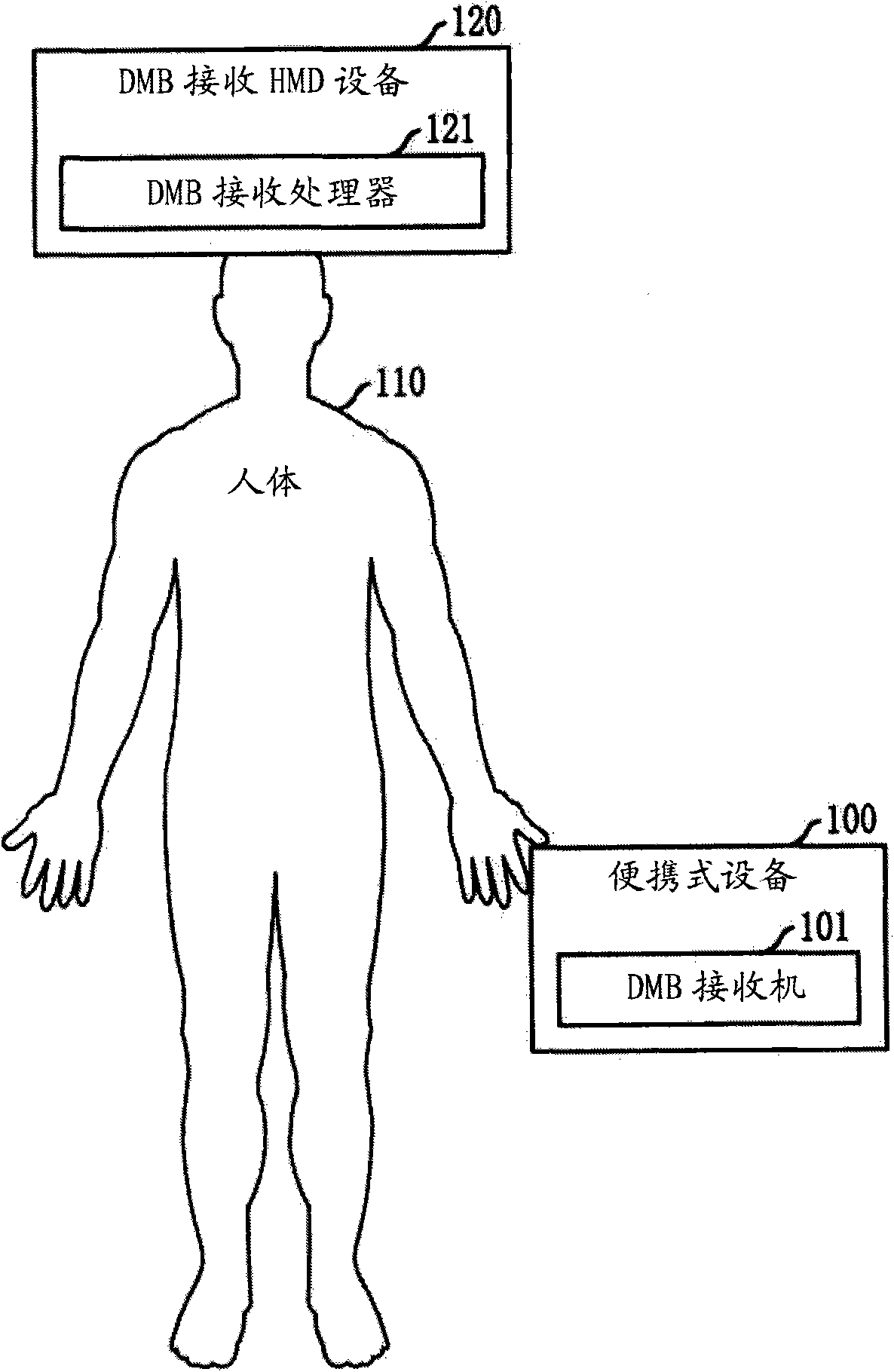 Dmb receiving portable terminal for human body communication, dmb transmitting method thereof, and hmd apparatus and method for dmb reception using human body communication