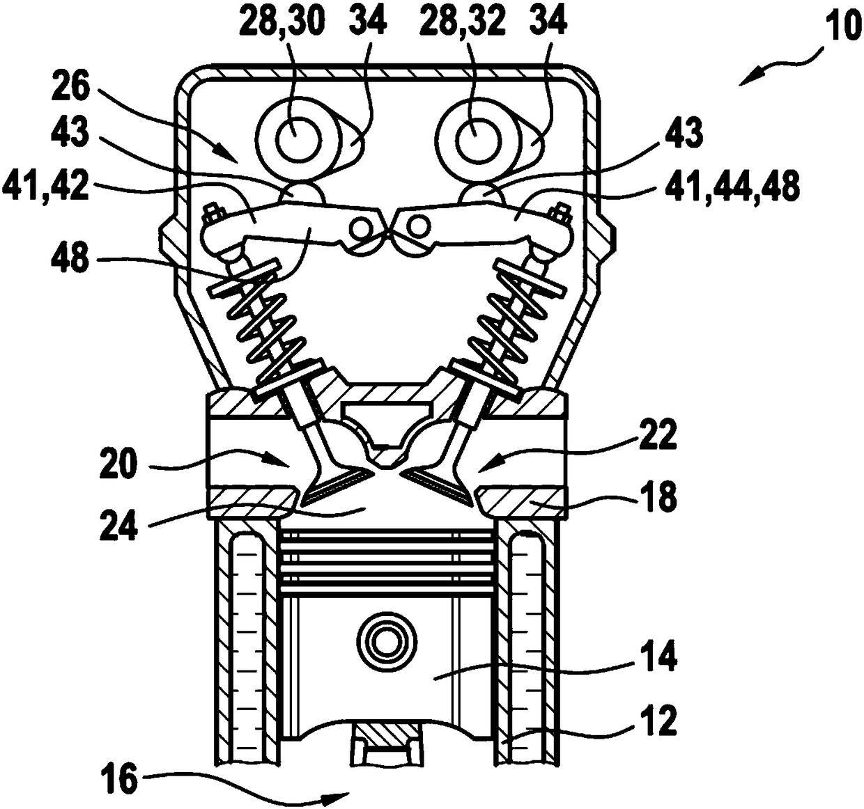 Valve train for a reciprocating piston internal combustion engine, and method for valve control in a reciprocating piston internal combustion engine