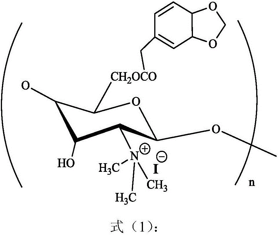 Preparation and application of O-3, 4-methylenedioxy phenylacetate-N-trimethylchitosan quaternary ammonium salt